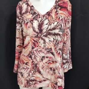 Chico's Multicolor Leaf Print V-Neck Blouse